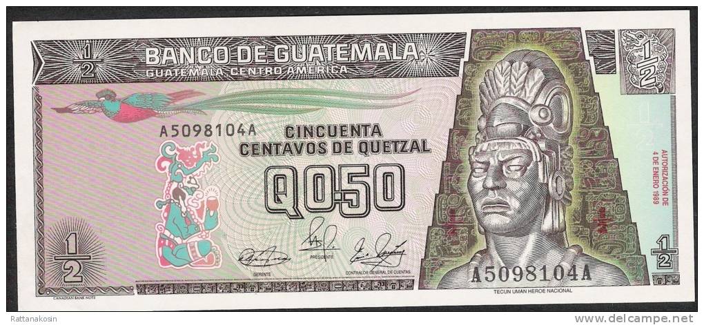 GUATEMALA P72a  1/2 QUETZAL  1989  #A    UNC. - Guatemala