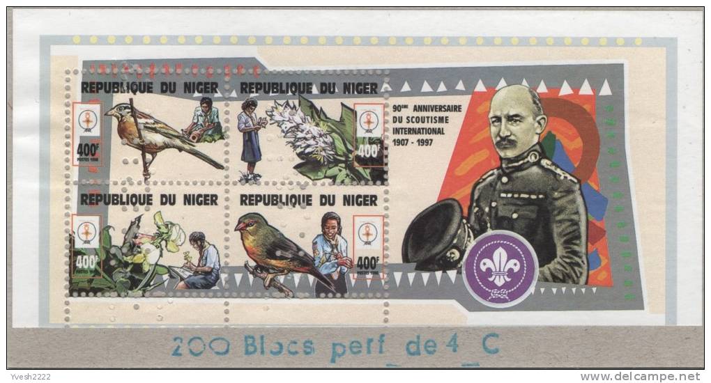 Niger 1997 Y&T 1100/3. Scoutisme, Fleur Et Oiseaux. Feuillet Dentelé Perforé "annulé" Collé Sur Carton... - Other & Unclassified