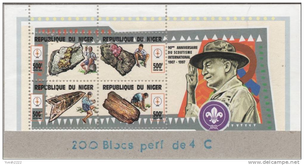 Niger 1997 Y&T 1108/1. Scoutisme Et Minéraux. Feuillet Dentelé Perforé "annulé" Collé Sur Carton Par L´imprimeur Suisse. - Minéraux