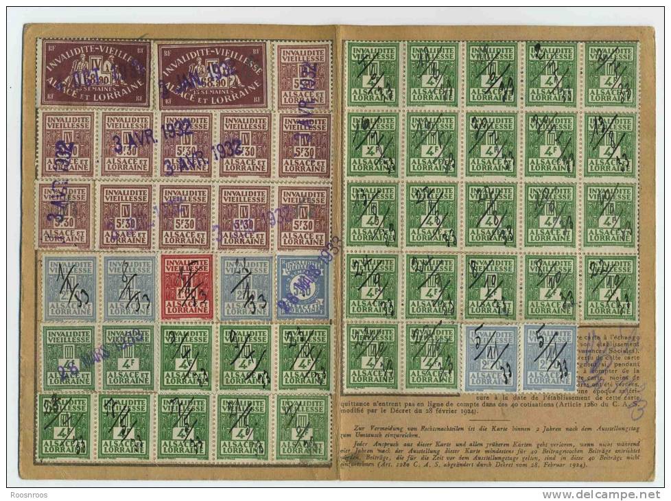 BELLE CARTE QUITTANCE ALSACE LORRAINE  - TIMBRES  INVALIDITE VIEILLESSE - HOUILLERES DE PETITE ROSSELLE 1931 - Storia Postale