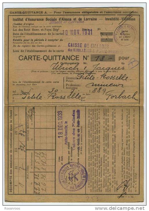 BELLE CARTE QUITTANCE ALSACE LORRAINE  - TIMBRES  INVALIDITE VIEILLESSE - HOUILLERES DE PETITE ROSSELLE 1931 - Covers & Documents