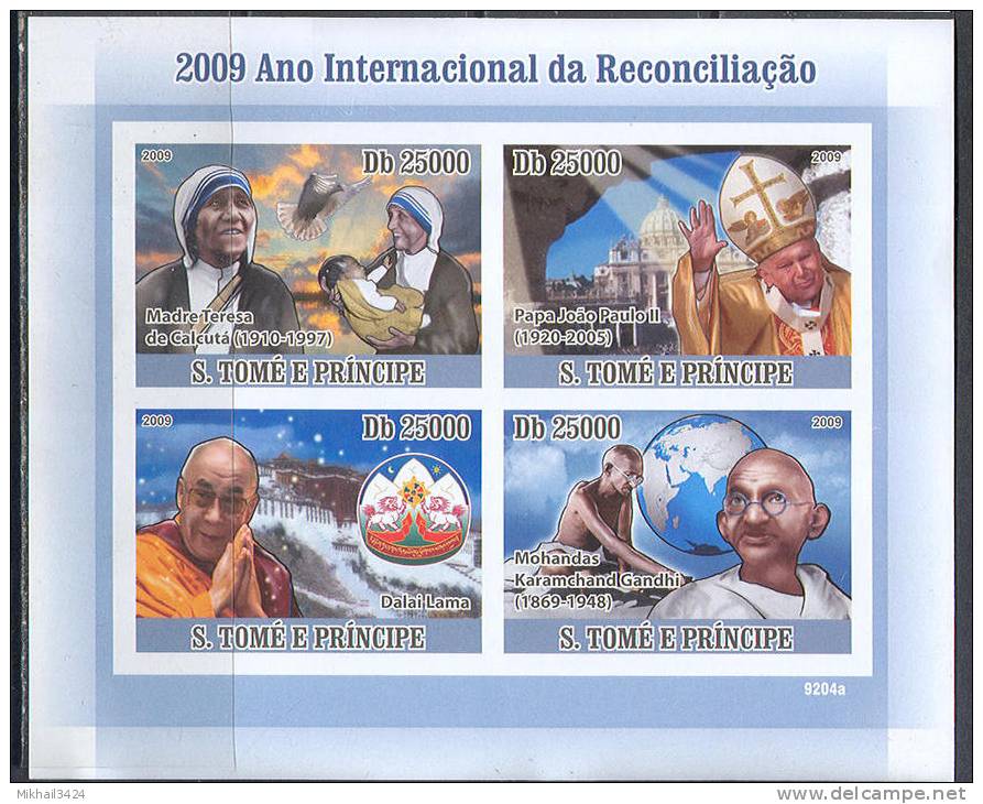 A0233 Pope Gandhi Dalai Lama 2009 St.Tome Et Principe Collective Sheet MNH ** Imperf Imp - Mother Teresa