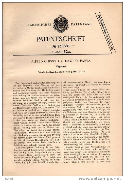 Original Patentschrift - Alfred Chiswell In Dawley Parva , 1901 , Fingerhut !!! - Dés à Coudre