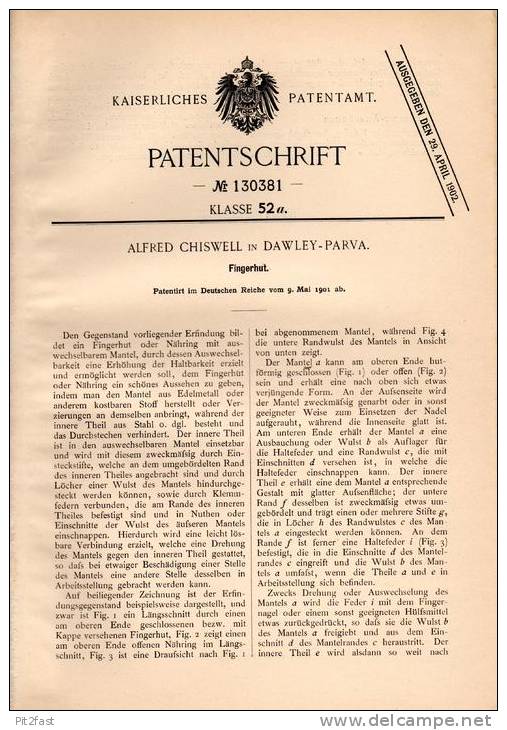 Original Patentschrift - Alfred Chiswell In Dawley Parva , 1901 , Fingerhut !!! - Fingerhüte