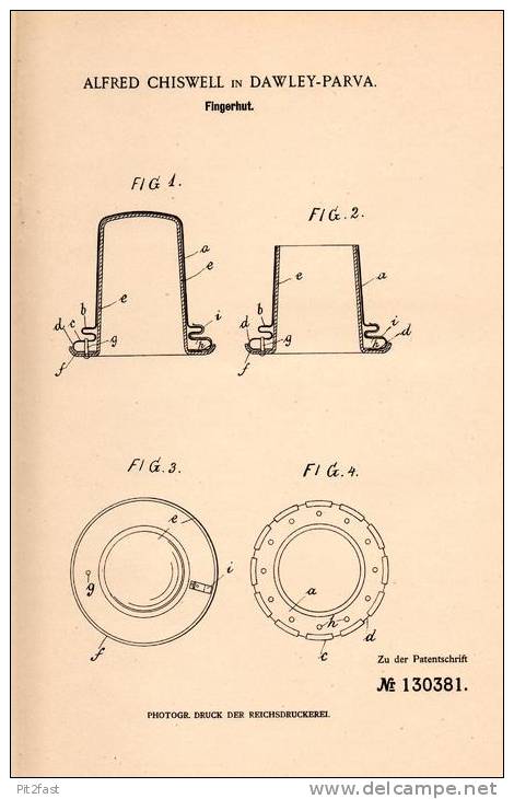 Original Patentschrift - Alfred Chiswell In Dawley Parva , 1901 , Fingerhut !!! - Thimbles