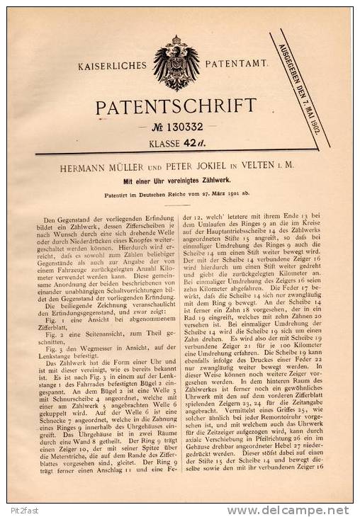 Original Patentschrift - P. Jokiel In Velten I.M., 1901 , Uhr Mit Zählwerk !!! - Altri & Non Classificati