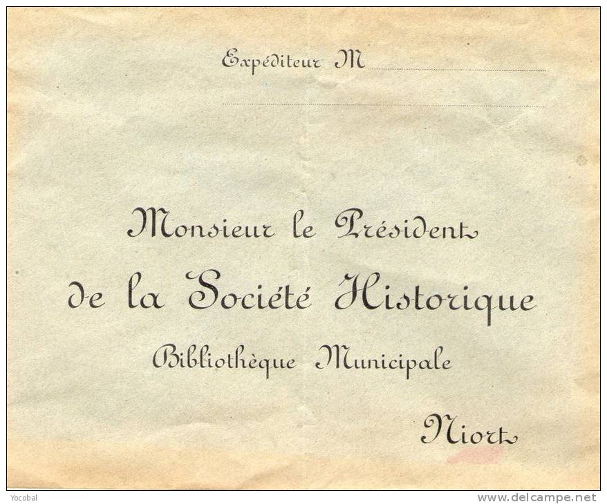 Niort-79, Enveloppe , Mr Le Président De La Société Historique , Bibliothéque Municipale , Niort , Vierge - Autres & Non Classés
