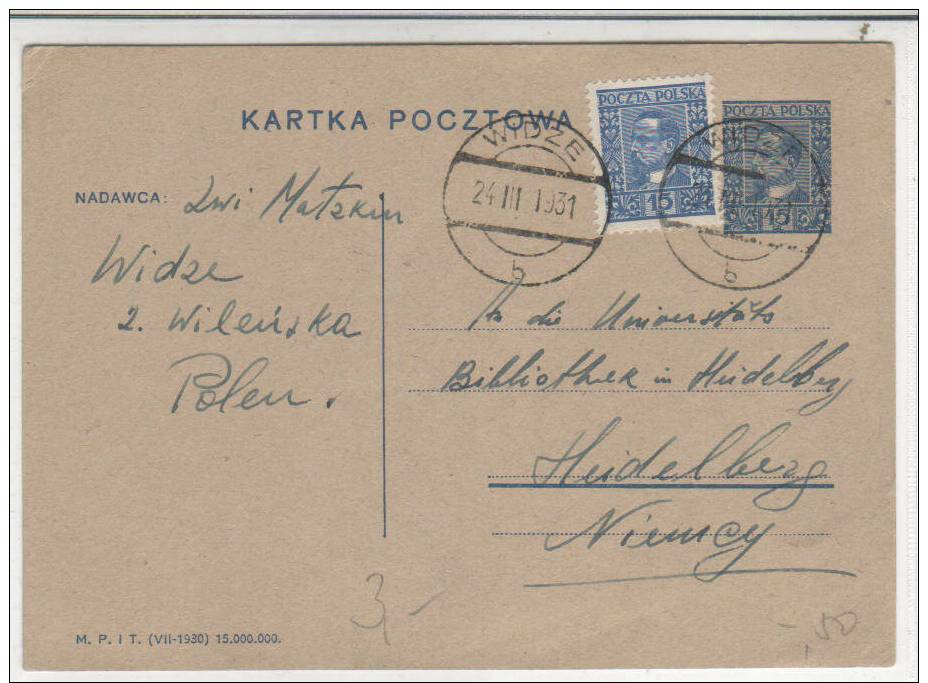 POLAND - KARTKA POCZTOWA  1931 WIDZE - HEIDELBERG - Stamped Stationery