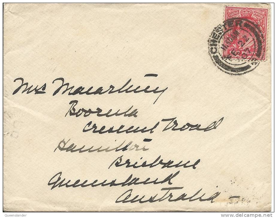 Great Envelope 1d Red Chester Fe 22 07 To Queensland Australia With Backstamps Hand Addressed Cover - Covers & Documents