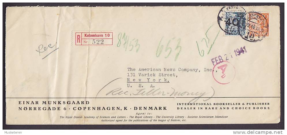 ## Denmark Registered Recommandée Einschreiben KØBENHAVN 10 Label 1941 Cover Brief To USA Censor Zensur (2 Scans) - Storia Postale