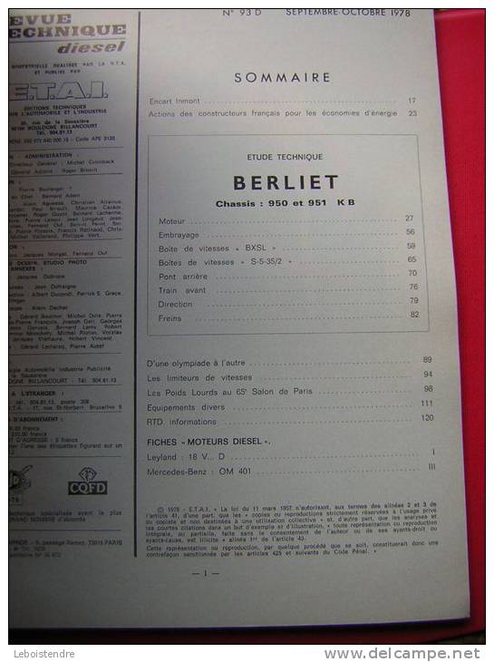 BERLIET 950 951 KB revue technique RTD 93 