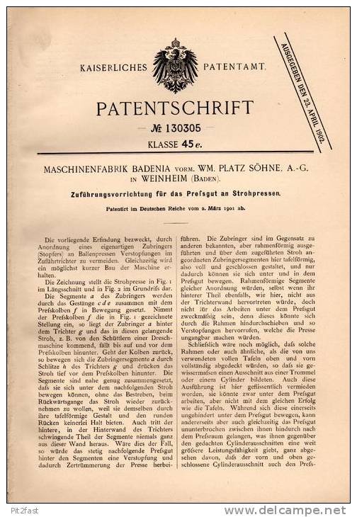 Original Patentschrift - Maschinenfabrik Badenia In Weinheim I. Baden , 1901 , Zuführung Für Strohpresse !!! - Historische Dokumente