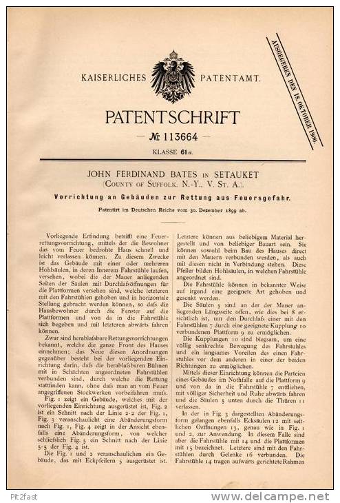 Original Patentschrift - J. Bates In Setauket , Suffolk , USA , 1899 , Gebäude Zur Rettung Bei Feuer , Feuerwehr !!! - Architektur