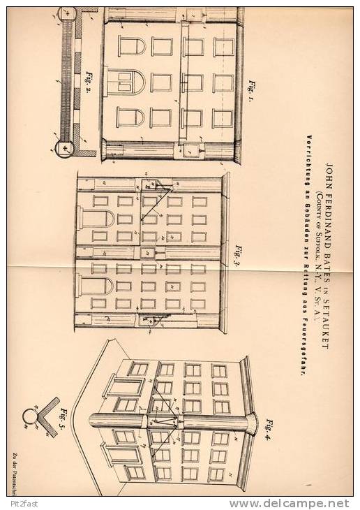 Original Patentschrift - J. Bates In Setauket , Suffolk , USA , 1899 , Gebäude Zur Rettung Bei Feuer , Feuerwehr !!! - Architektur