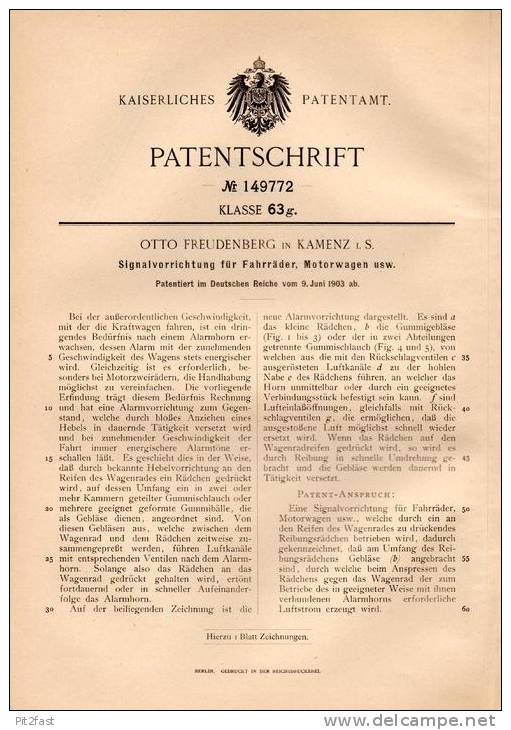 Original Patentschrift - O. Freudenberg In Kamenz I.S., 1903 , Alarmanlage Für Motorrad , Motorwagen Und Fahrrad !!! - Motos