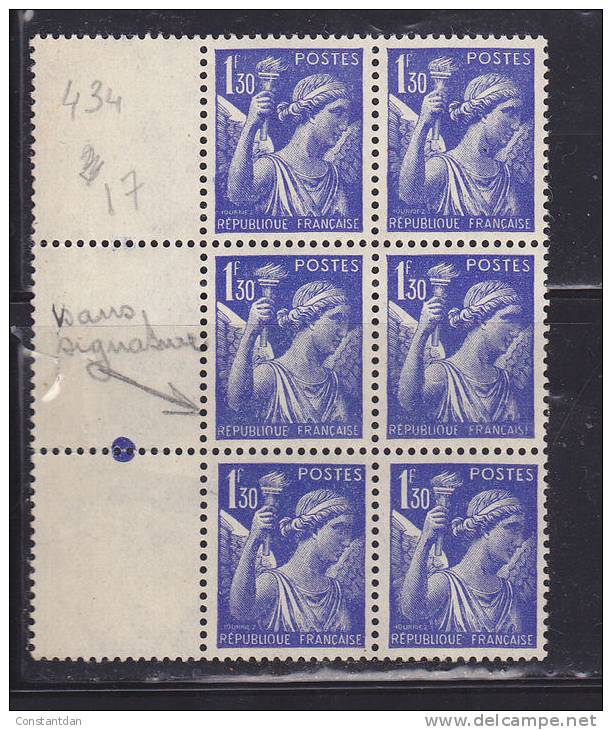 FRANCE N° 454 1.30 OUTREMER TYPE IRIS  SANS SIGNATURE BLOC DE 6 NEUF SANS CHARNIERE - Nuovi