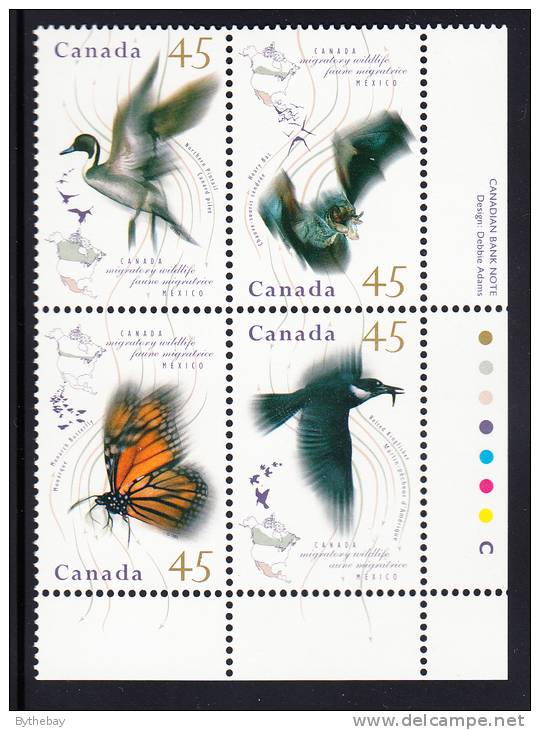 Canada MNH Scott #1566a Plate Block LR 45c Monarch Butterfly, Belted Kingfisher, Northern Pintail, Hoary Bat - Migratory - Num. Planches & Inscriptions Marge