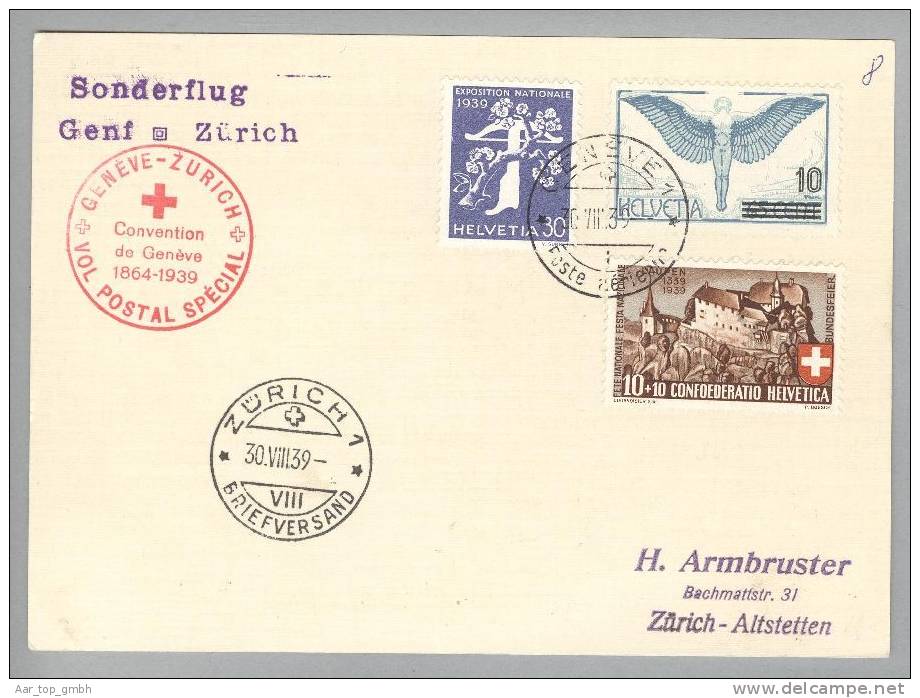Schweiz Flugpost 1939-08-30 SF Genève-Zürich Convention De Genève - Primeros Vuelos