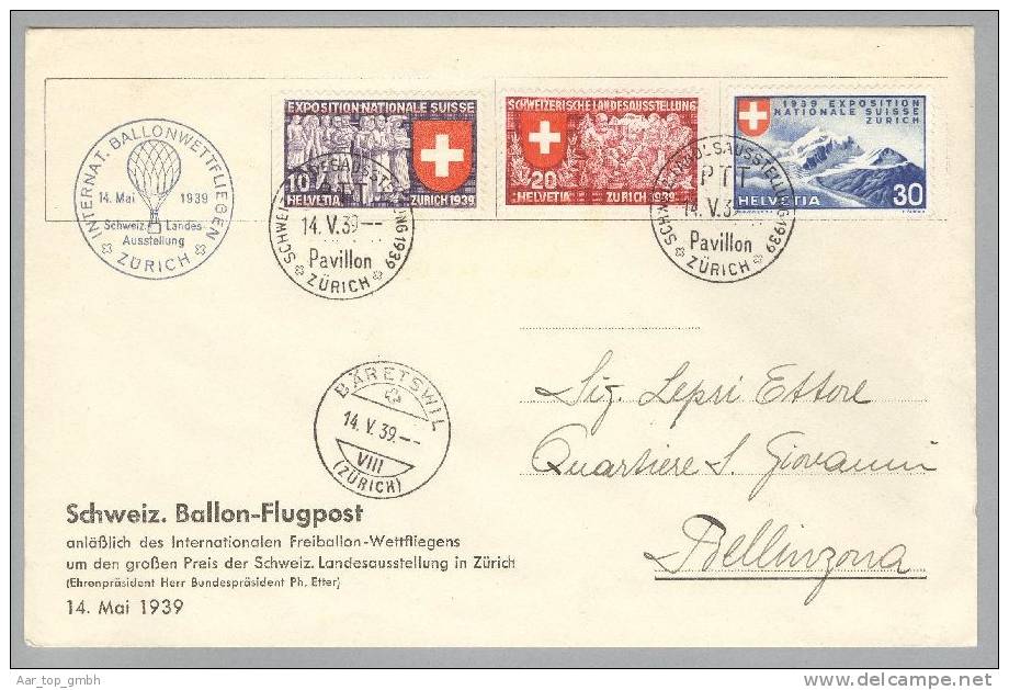 Schweiz Flugpost 1939-05-14 Internat. Ballonwettfliegen Zürich Nach Bäretswil - Erst- U. Sonderflugbriefe