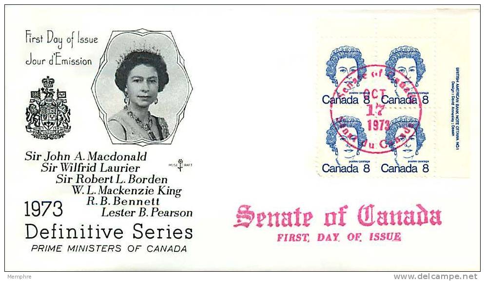 1973 8&cent; Definitive Queen Elizabeth  Caricature Sc 593  Plate Block  SENATE Cachet - 1971-1980