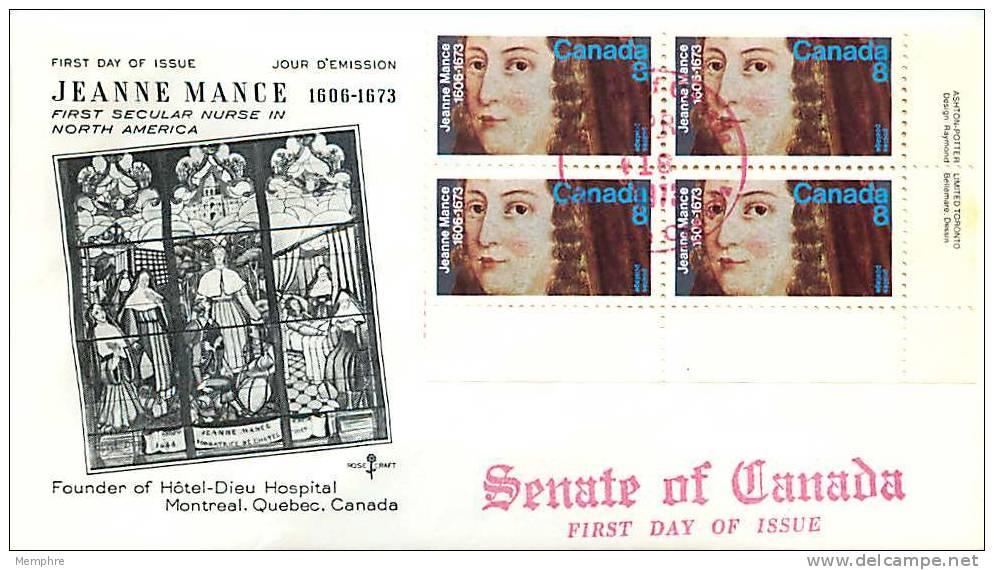 1973  Jeanne Mance  Sc 615  Plate Block  SENATE Cachet - 1971-1980