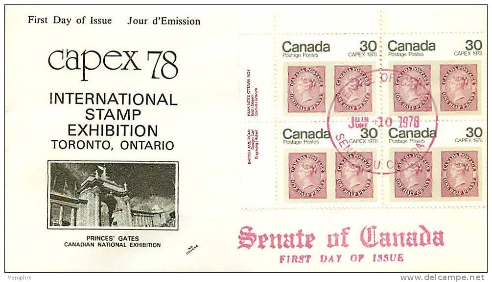 1978   Queen Victoria  CAPEX 30&cent;  Sc 755 Plate Block   SENATE Cachet - 1971-1980