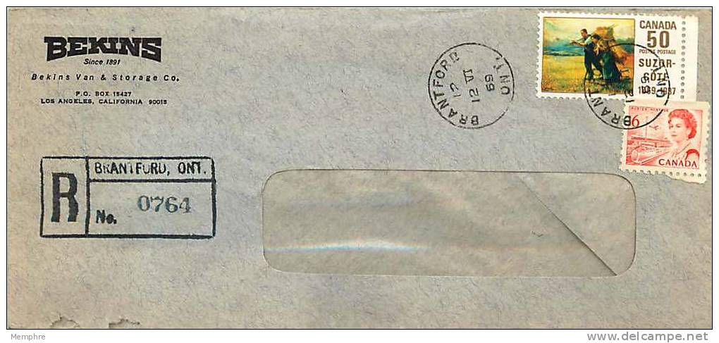 1969  Registered Letter To USA  Centennial 6 &cent; Orangr And 50 &cent; Suzor-Coté  Sc 459, 492 - Covers & Documents