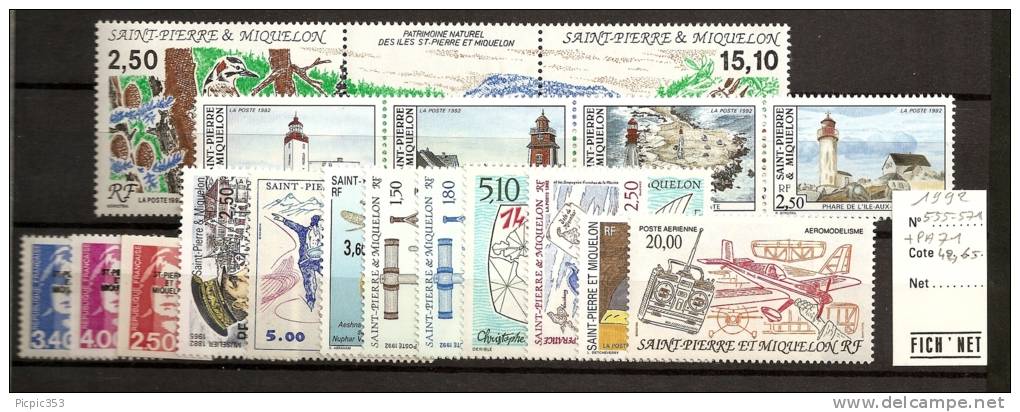 SPM - Saint Pierre Et Miquelon Année 1992 Complète ** Poste 555 à 571 + PA 71 - Komplette Jahrgänge