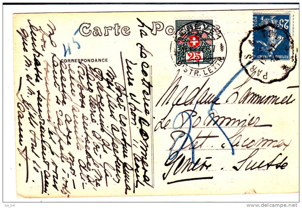 TTx 48 GENEVE 1-14.VIII.24 S/CP De FRANCE (Bonneval)affr.TP 140 Obl.CONVOYEUR PARIS A TOURS.TB - Postage Due