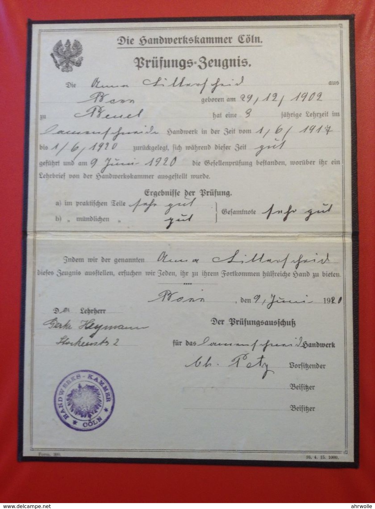 Handwerkskammer Köln Rhein Prüfungszeugnis 1920 Bonn - Diploma & School Reports