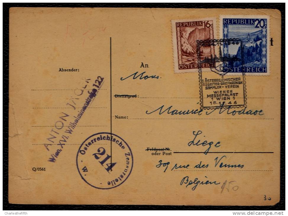 1946 AUTRICHE CARTE DE WIEN A LIEGE - ÖSTERR. ZENSURSTELLE 214 - OBL. ôsterr. Arbeiter Briefmarken Sammler Verein - Storia Postale