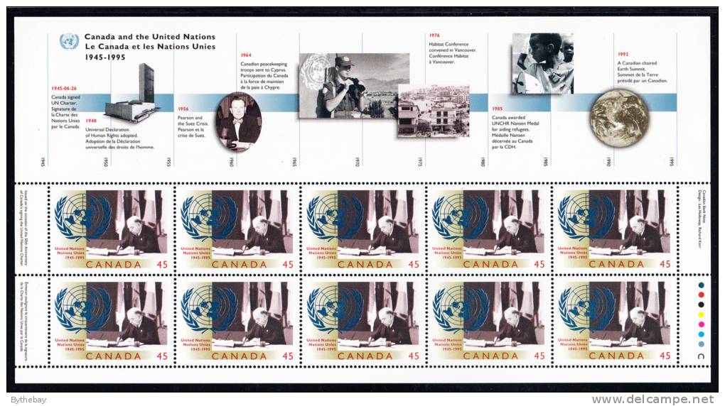 Canada MNH Scott #1584i Sheet Of 10 Plus Full Header 45c Prime Minister Wm Lyon Mackenzie King Signing UN Charter - Ganze Bögen