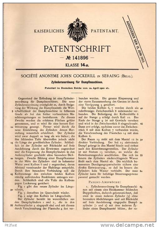 Original Patentschrift - J. Cockerill In Seraing , 1902 , Zylinder Für Dampfmaschinen !!! - Machines