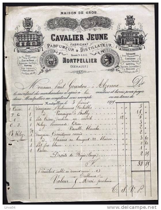 FACTURE ANCIENNE THEME PARFUMEUR-DISTILATEUR- MAISON CAVALIER- MONTPELLIER 1875 - Drogerie & Parfümerie