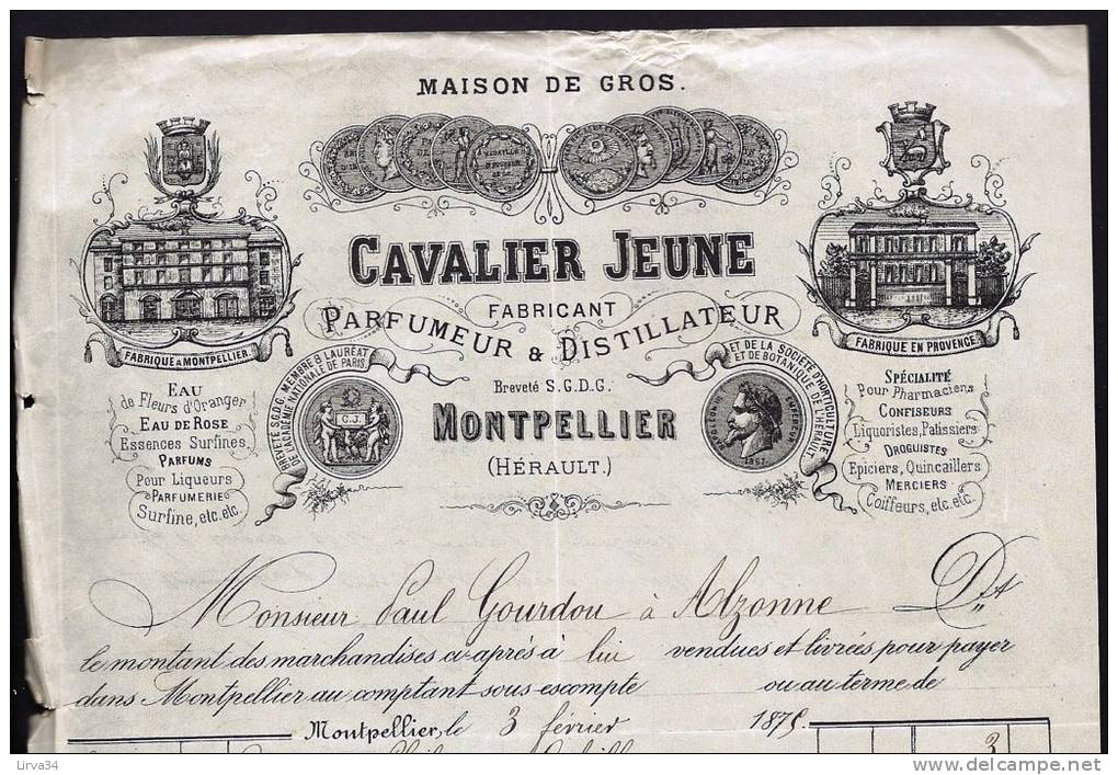 FACTURE ANCIENNE THEME PARFUMEUR-DISTILATEUR- MAISON CAVALIER- MONTPELLIER 1875 - Drogerie & Parfümerie