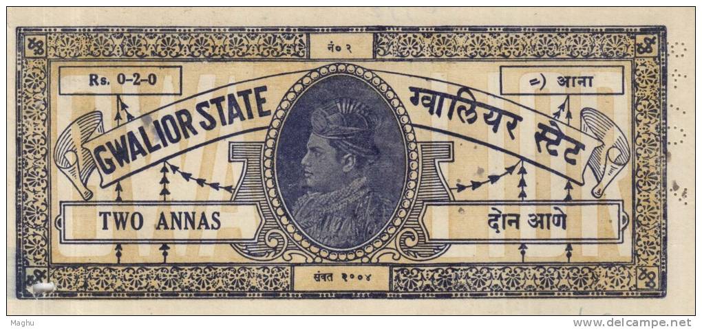 Gwalior State, Used 2as Fiscal / Revenue, British India State With Perfin Numbered, - Gwalior