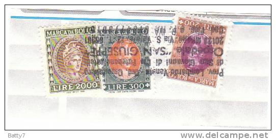ITALIA  MARCA DA BOLLO LIRE 2000 - LIRE 300 - LIRE 200 - SU FRAMMENTO - Steuermarken