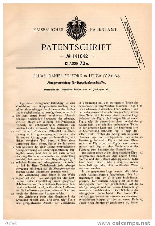 Original Patentschrift - E. Fulford In Utica , USA , 1902 , Abzug Für Schußwaffen , Waffen , Gewehr , Pistol !!! - Documents