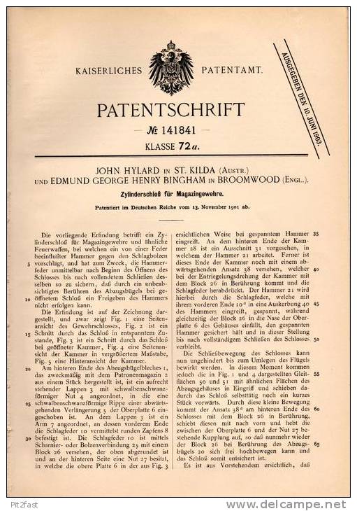 Original Patentschrift - E. Bingham In Broomwood Und St. Kilda , 1901 , Cylinderschloßß Für Gewehre , Gewehr , Waffe !!! - Documents