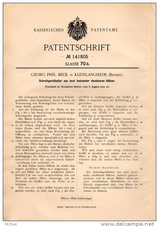 Original Patentschrift - G. Beck In Kleinlangheim B. Kitzingen , 1902 , Schreibgeräthalter , Füllfederhalter , Feder !!! - Schreibgerät