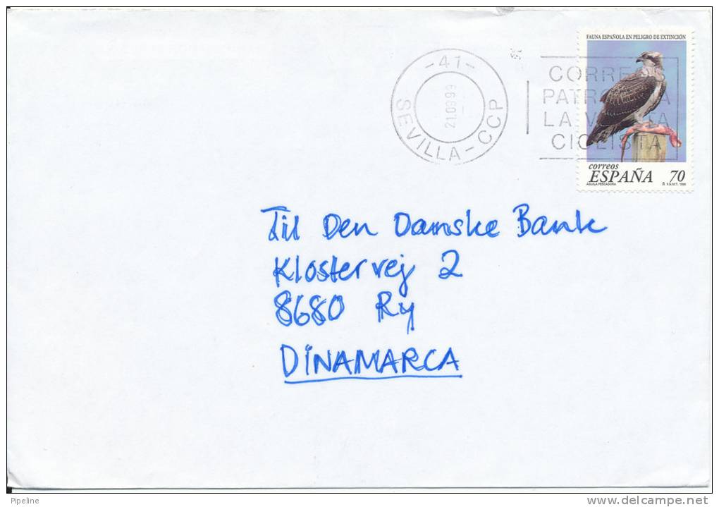 Spain Cover Sent To Denmark Sevilla 21-9-1999 Single Stamped BIRD - Autres & Non Classés