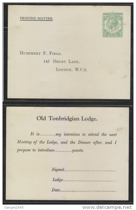 Great Britain   KG V  1/2d   Old Tornbridgian  Freemasonry  Postcard # 42180 - Francmasonería