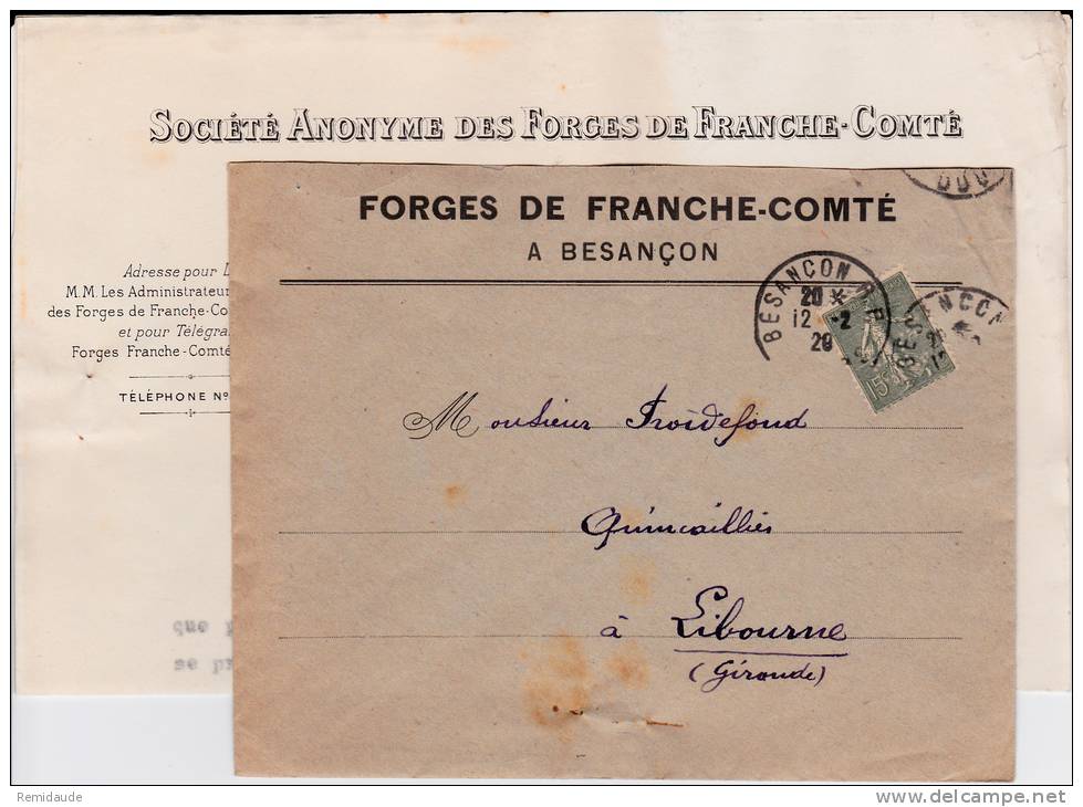 DOUBS - 1920 - ENVELOPPE Des FORGES De FRANCHE-COMTE à BESANCON Avec TIMBRE SEMEUSE PERFORE F.C - Autres & Non Classés