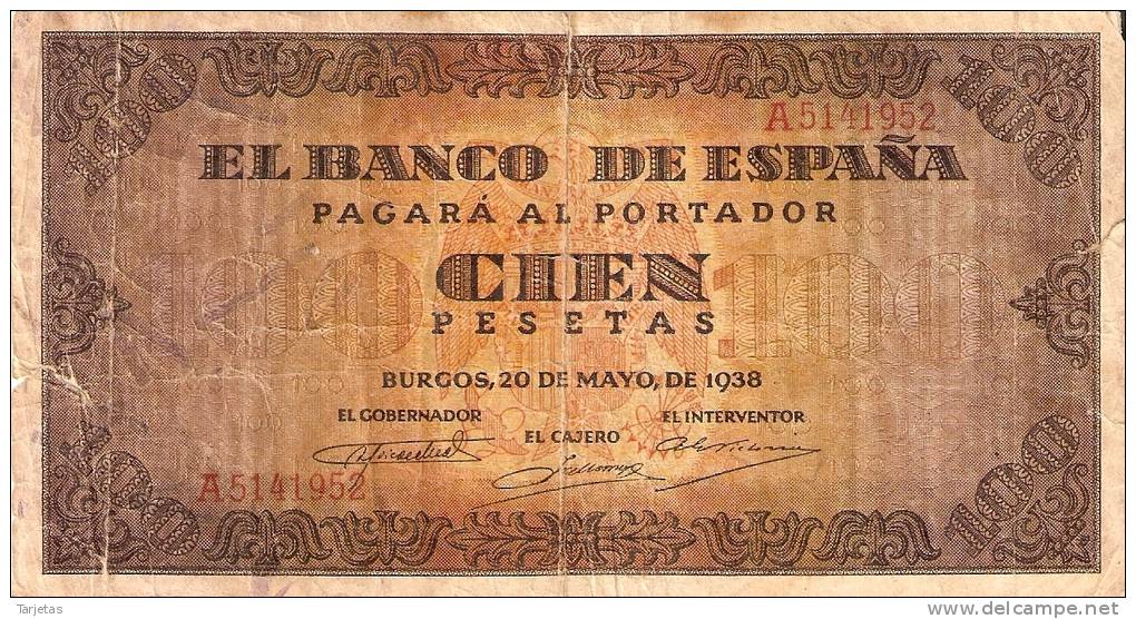 BILLETE DE ESPAÑA DE 100 PTAS 20/05/1938 SERIE A (BANK NOTE) - 100 Pesetas