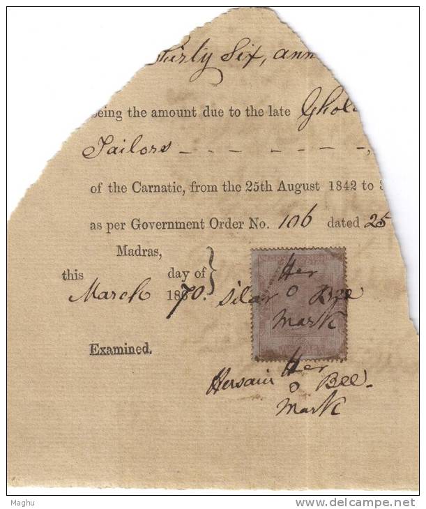 Crown Colony, ("Manual Pen Cancelled ),  ´Receipt Bill Or Draft´  Fiscal Revenue Used British India One Anna, On Piece - 1858-79 Compañia Británica Y Gobierno De La Reina