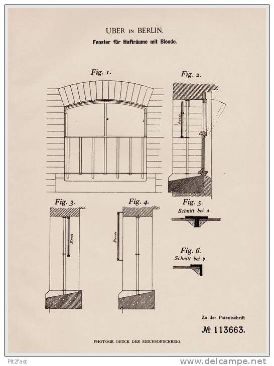 Original Patentschrift - Fenster Für Gefängnis , Haftanstalt , 1899 , H. Uber In Berlin , Haft , Knast , Festung !!! - Architectuur