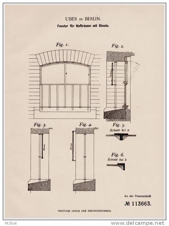 Original Patentschrift - Fenster Für Gefängnis , Haftanstalt , 1899 , H. Uber In Berlin , Haft , Knast , Festung !!! - Architektur