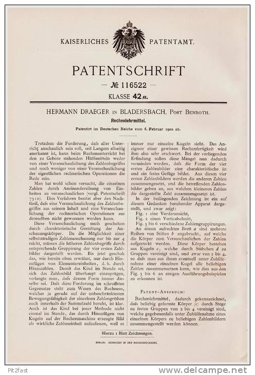 Original Patentschrift -H. Draeger In Bladersbach / Waldbröhl , Post ,1900, Lehrmittel , Mathematik , Nümbrecht , Schule - Waldbroel