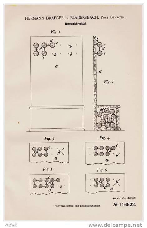Original Patentschrift -H. Draeger In Bladersbach / Waldbröhl , Post ,1900, Lehrmittel , Mathematik , Nümbrecht , Schule - Waldbröl