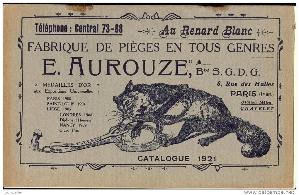 AU RENARD BLANC  E. AUROUZE PIEGES EN TOUT GENRE CATALOGUE 1921 - Fischen + Jagen